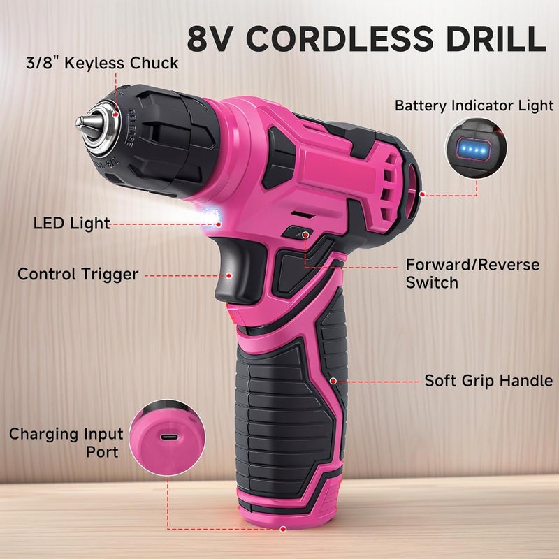 prekull Tool Set - Tool Kit with 8V Cordless Drill, 132 Piece Tool Box with Drill, Home Tool Kits for Women & Men, Hand Drill Set Perfect for Homeowner, Diyer, Handyman - Pink - Image 4